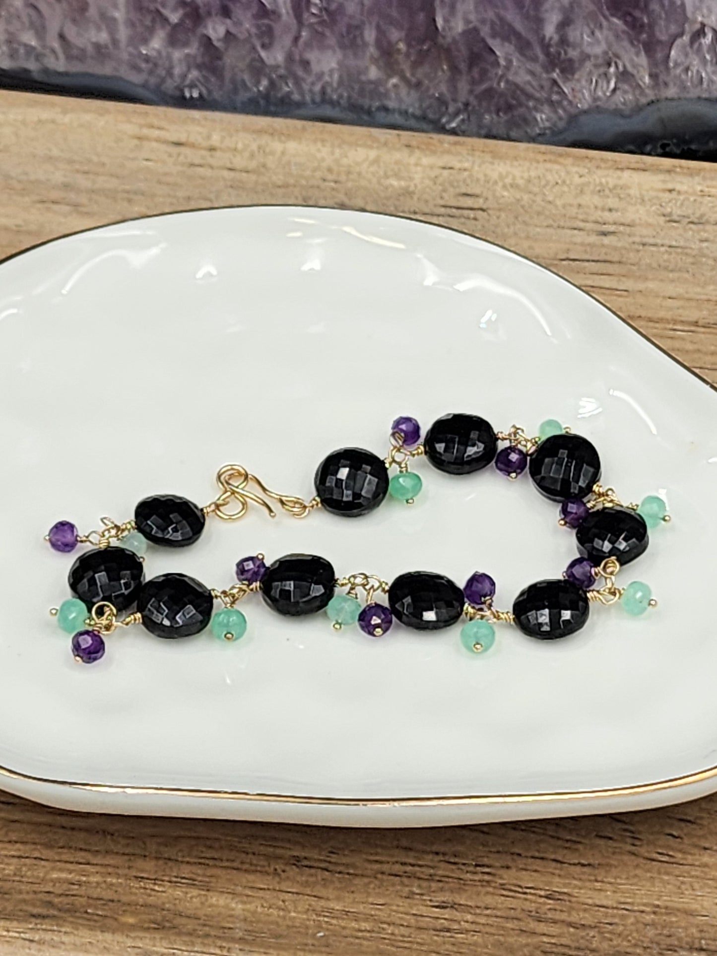 14k Gold-Filled Black Spinal, Amethyst & Chrysoprase Gemstone Bracelet