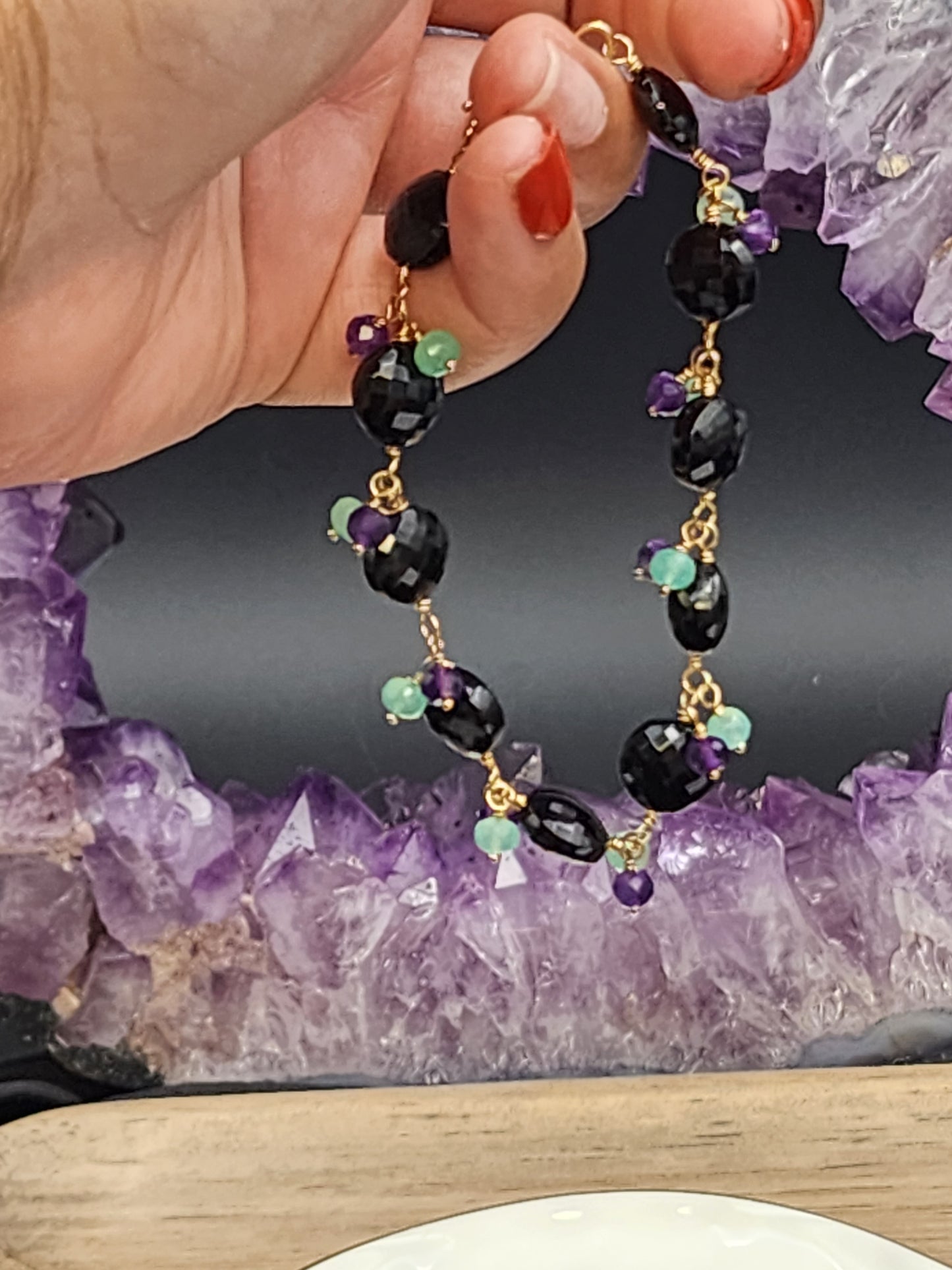 14k Gold-Filled Black Spinal, Amethyst & Chrysoprase Gemstone Bracelet