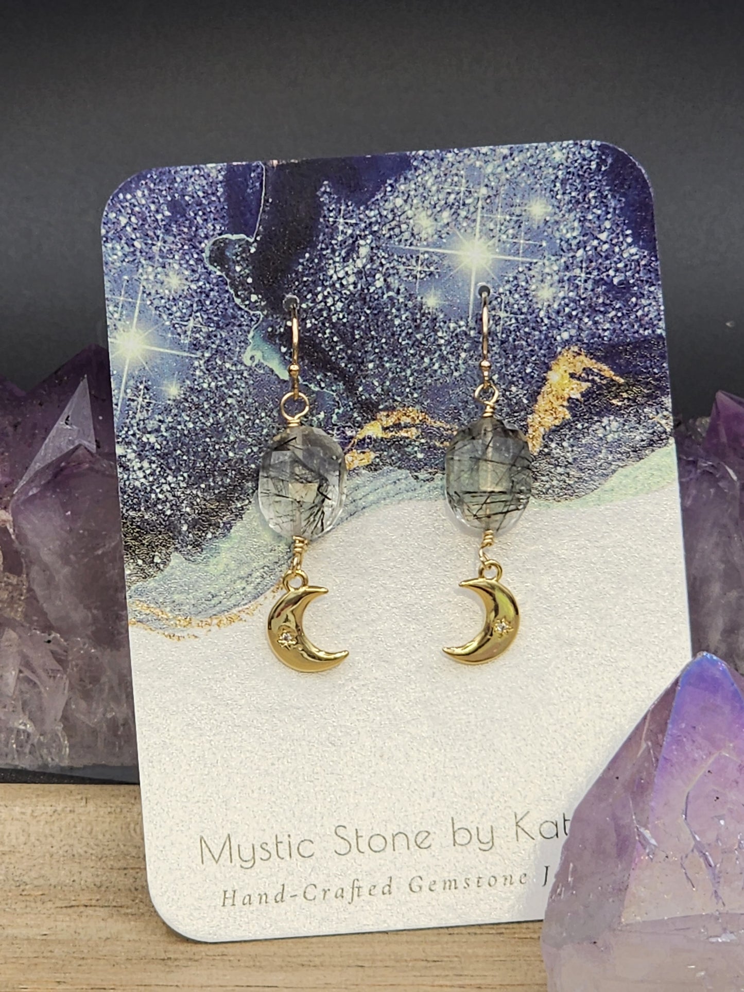 14k Gold-Filled Tourmalated Quartz & gold moon Earrings