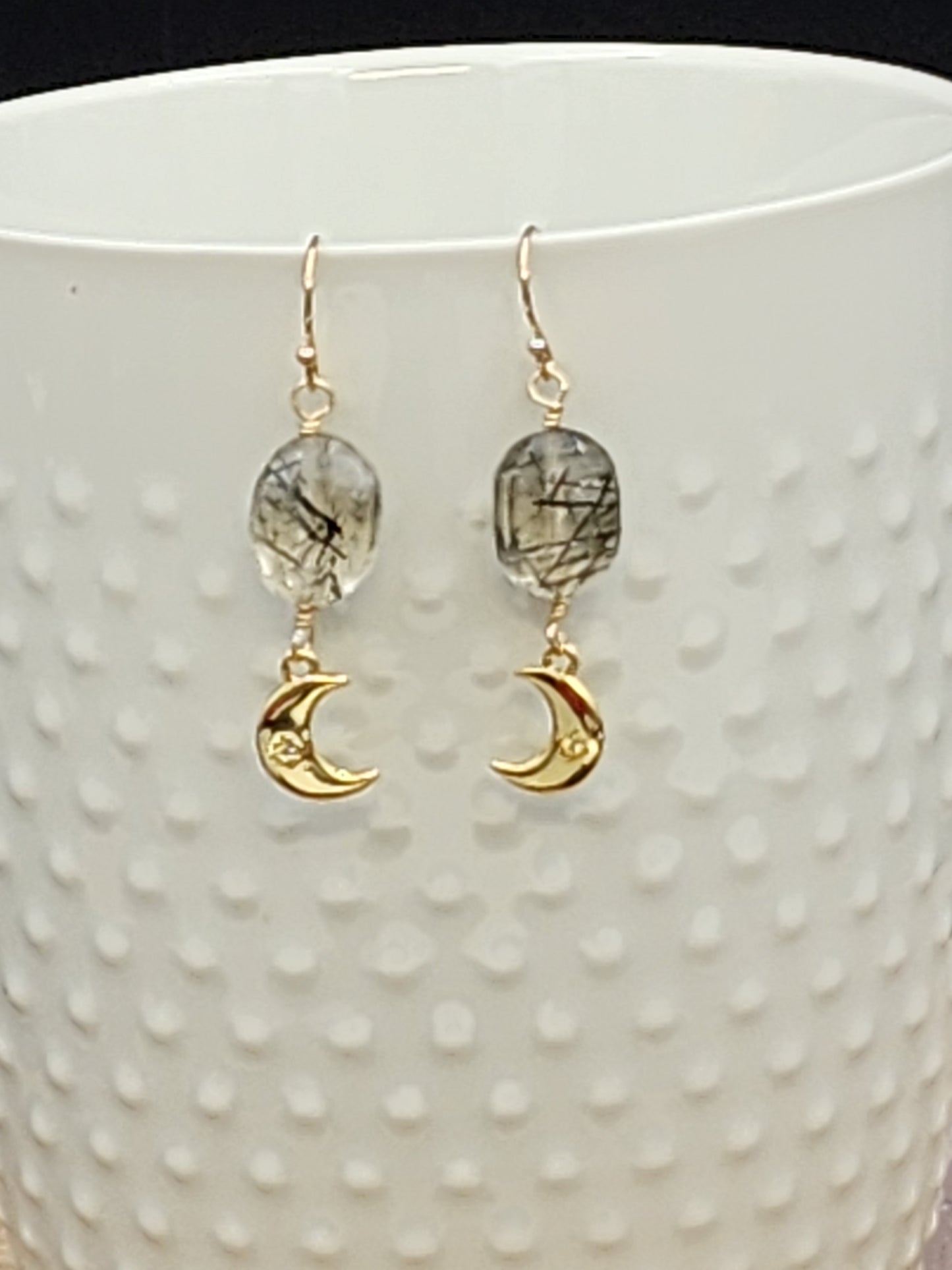 14k Gold-Filled Tourmalated Quartz & gold moon Earrings