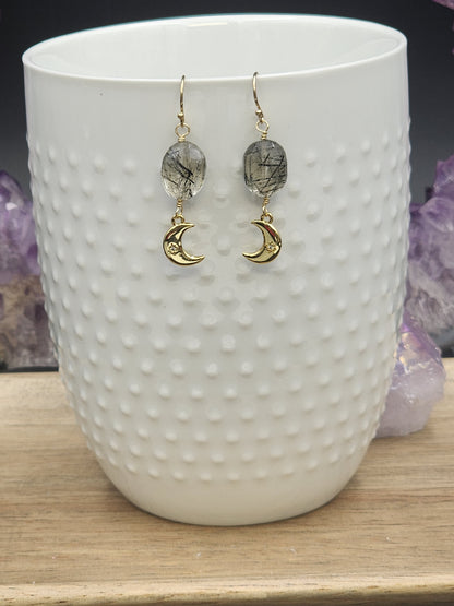 14k Gold-Filled Tourmalated Quartz & gold moon Earrings