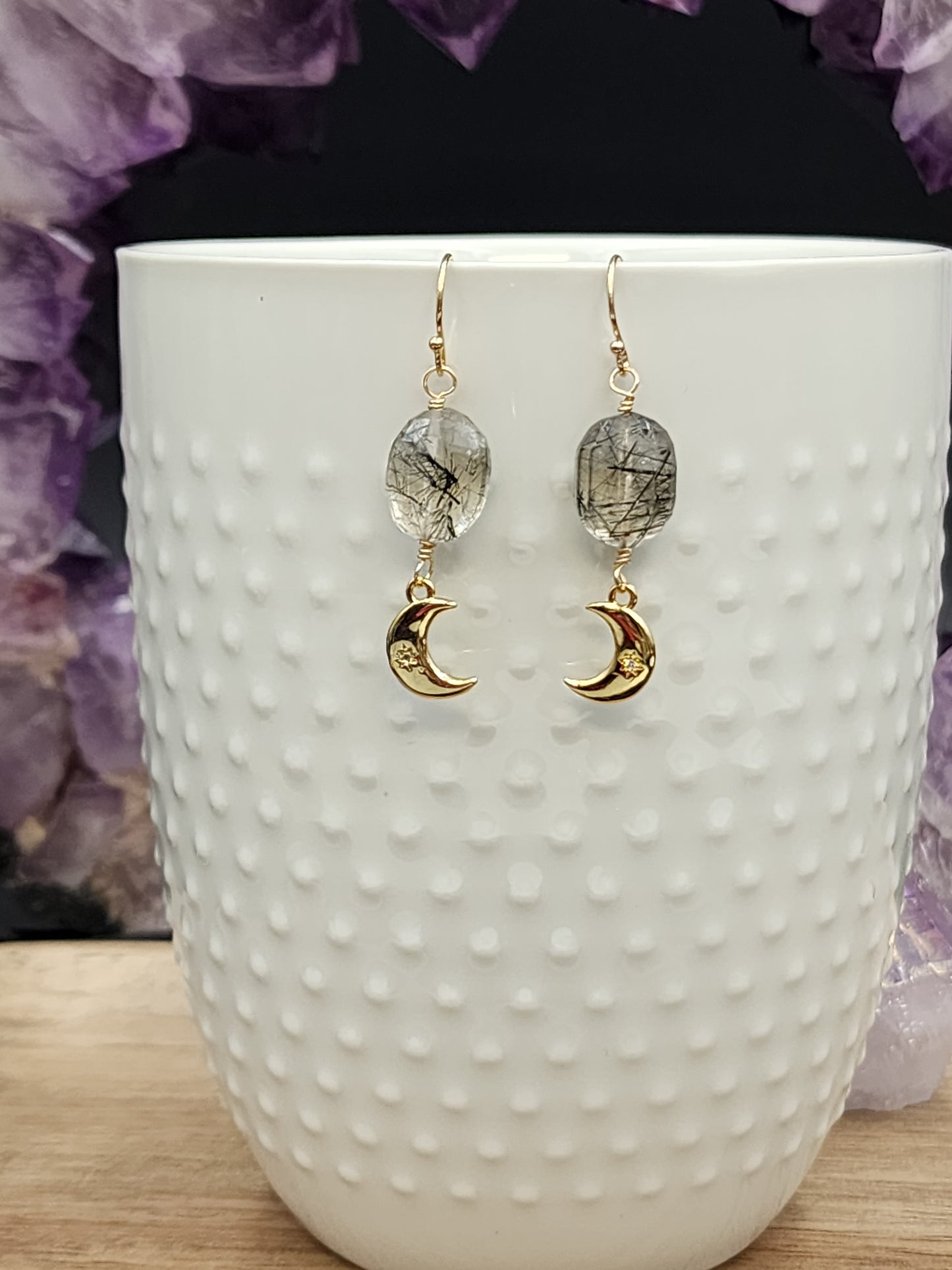 14k Gold-Filled Tourmalated Quartz & gold moon Earrings