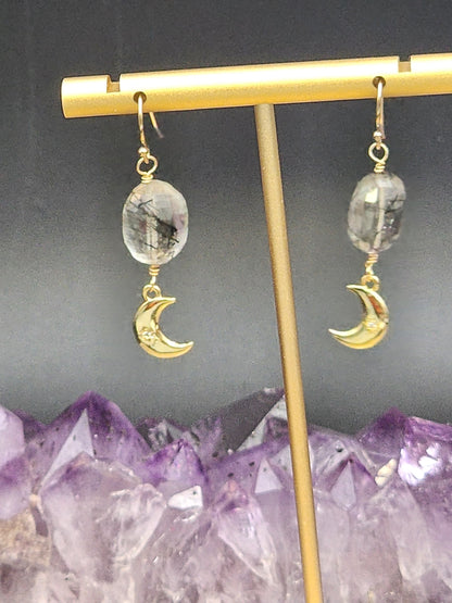 14k Gold-Filled Tourmalated Quartz & gold moon Earrings