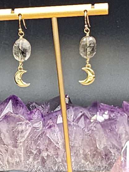 14k Gold-Filled Tourmalated Quartz & gold moon Earrings