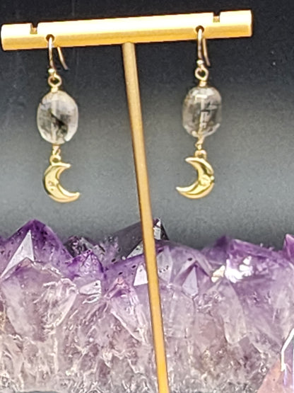 14k Gold-Filled Tourmalated Quartz & gold moon Earrings