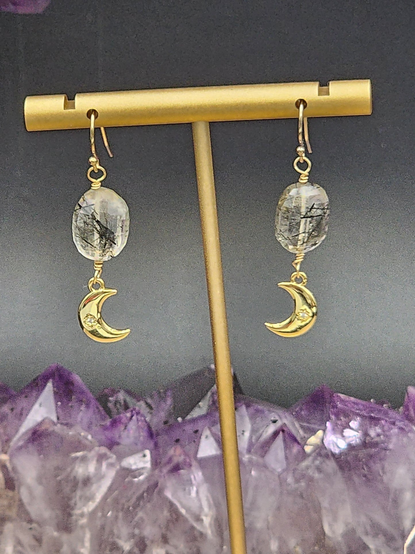 14k Gold-Filled Tourmalated Quartz & gold moon Earrings