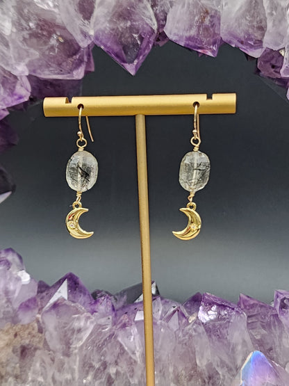 14k Gold-Filled Tourmalated Quartz & gold moon Earrings