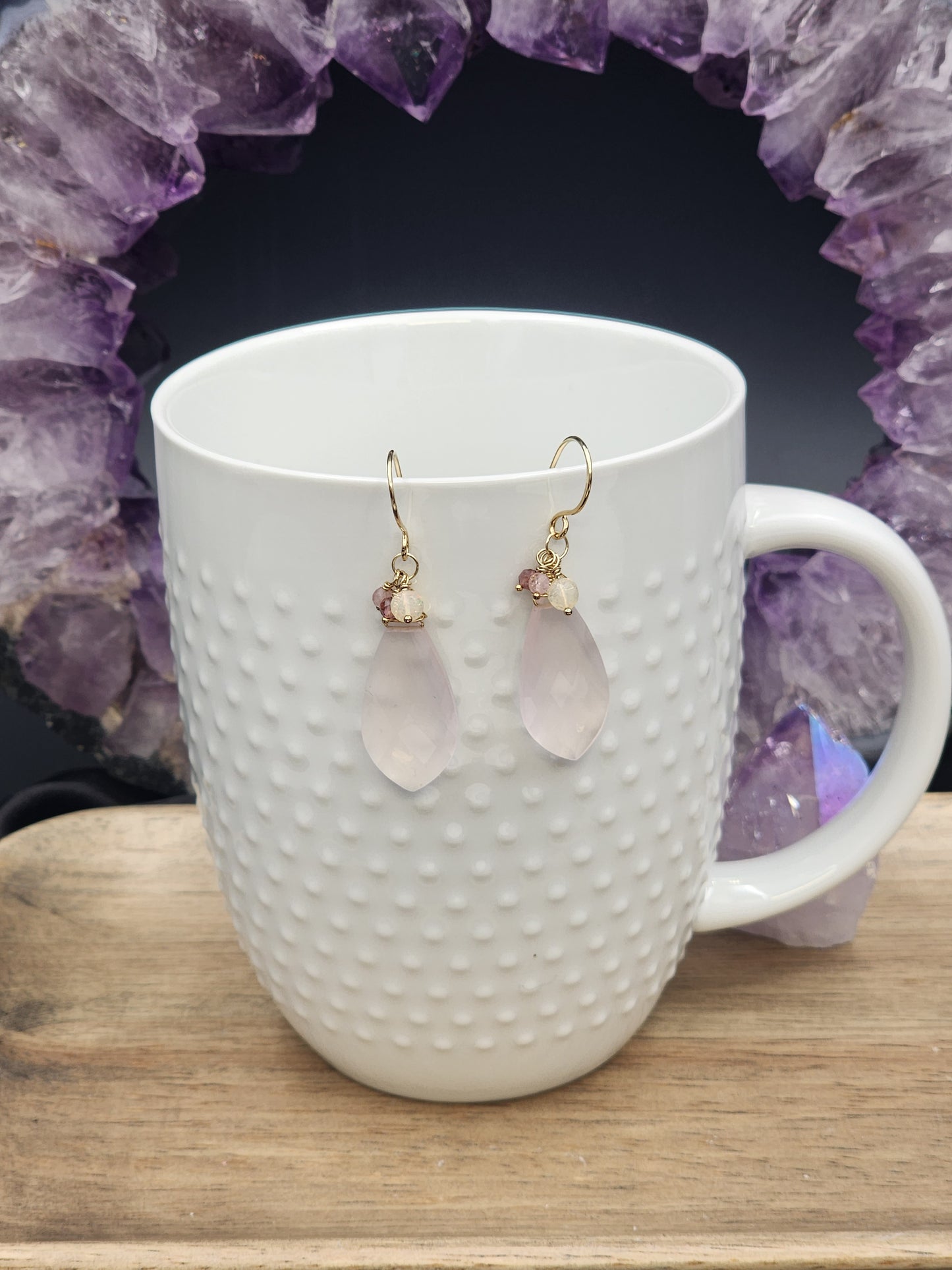 14k Gold Filled Rose Quartz, Pink Tourmaline & Opal Earrings