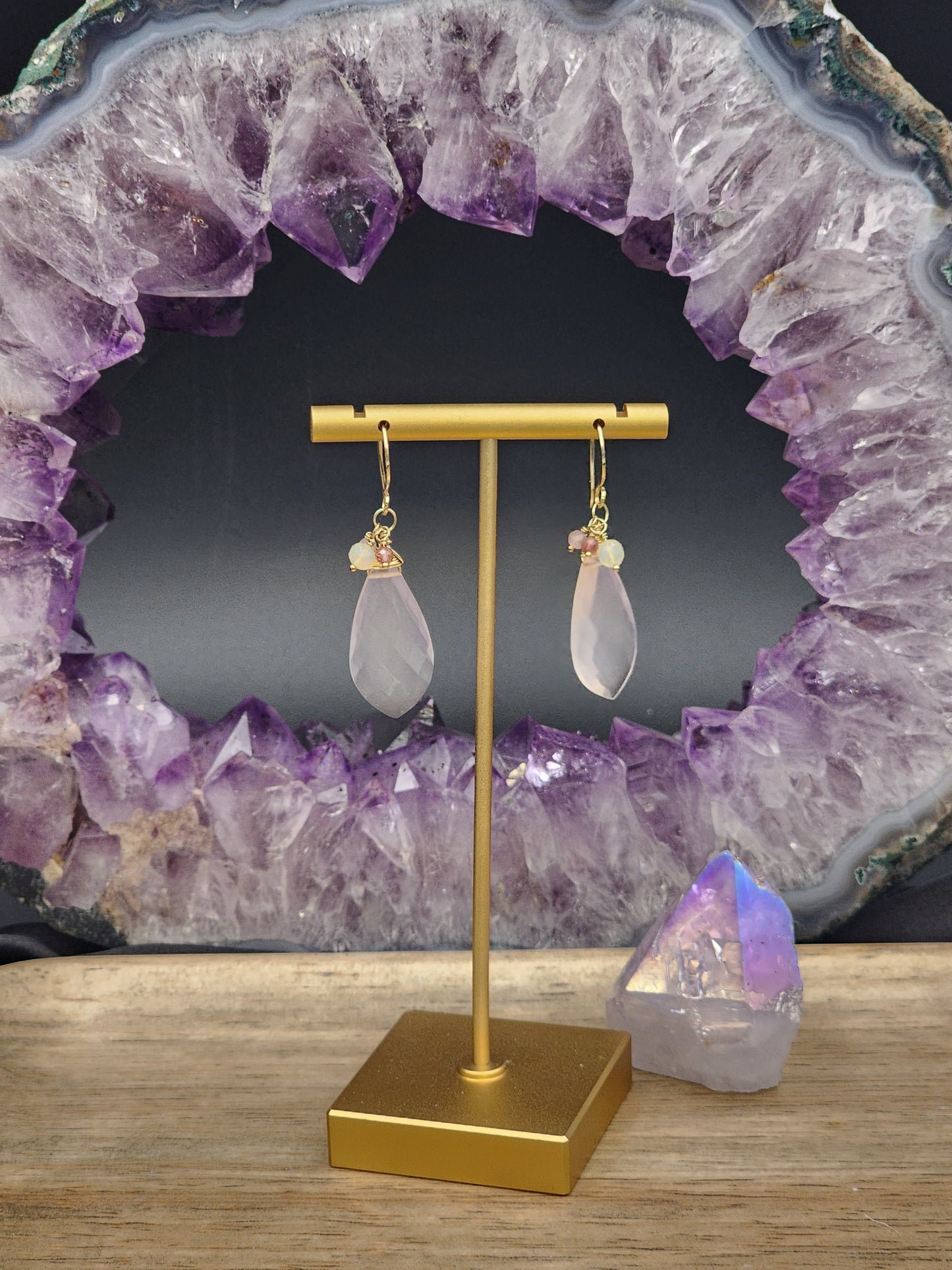 14k Gold Filled Rose Quartz, Pink Tourmaline & Opal Earrings