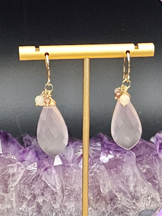 14k Gold Filled Rose Quartz, Pink Tourmaline & Opal Earrings