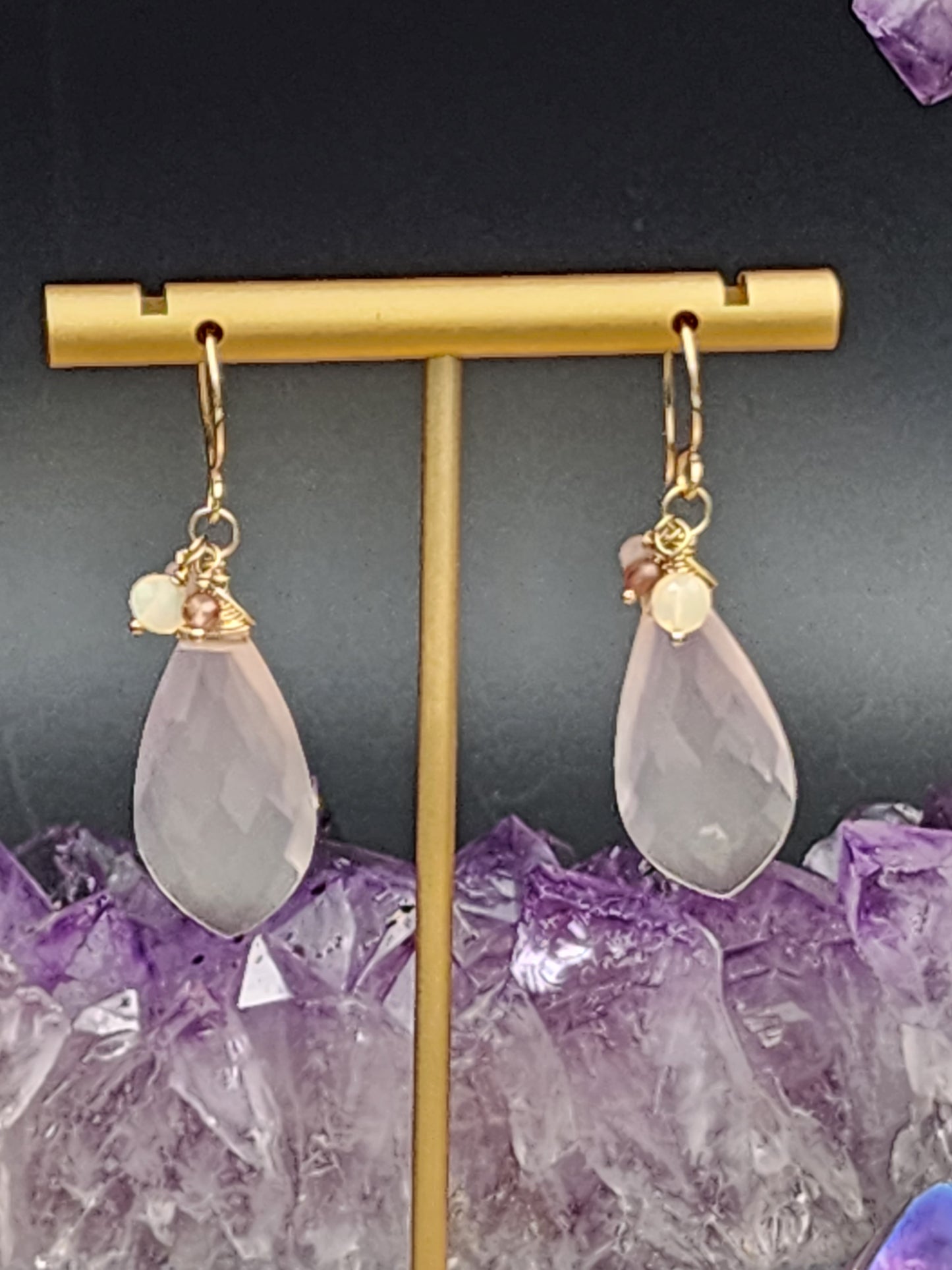 14k Gold Filled Rose Quartz, Pink Tourmaline & Opal Earrings