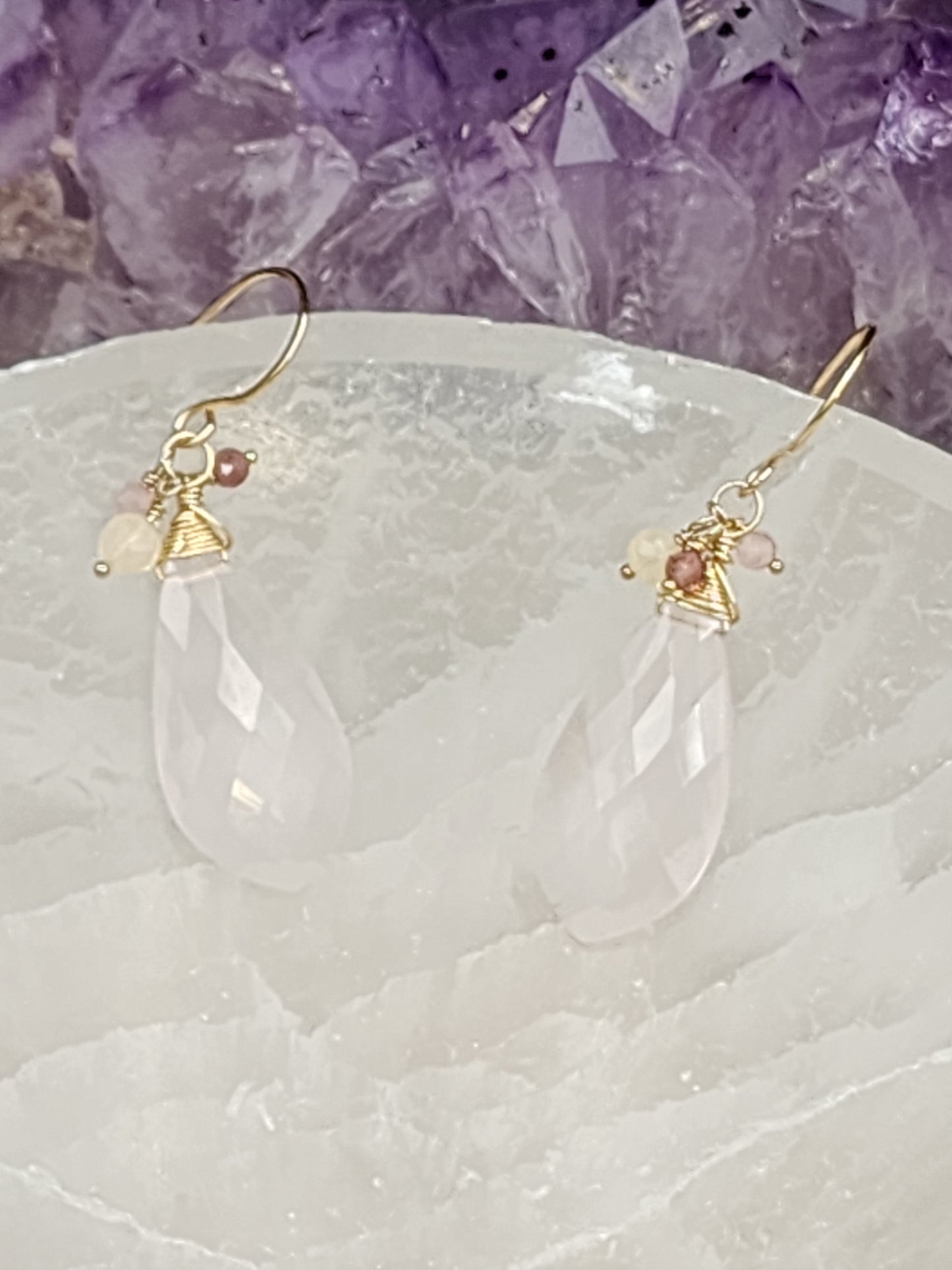 14k Gold Filled Rose Quartz, Pink Tourmaline & Opal Earrings