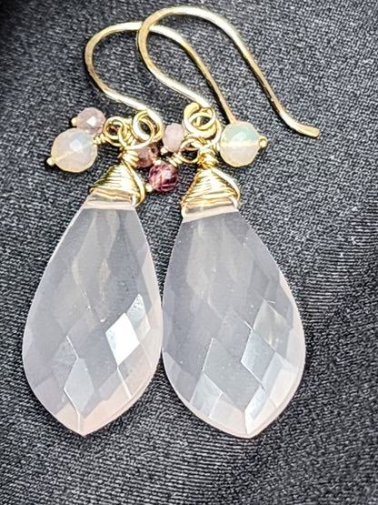 14k Gold Filled Rose Quartz, Pink Tourmaline & Opal Earrings