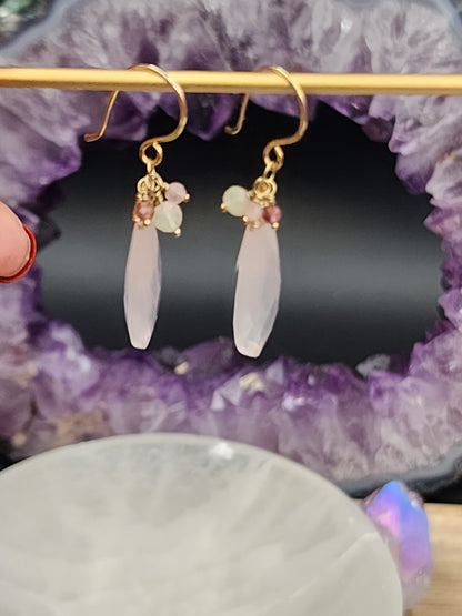 14k Gold Filled Rose Quartz, Pink Tourmaline & Opal Earrings