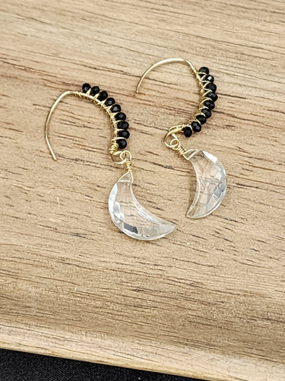 14k Gold-Filled Crystal Quartz Cresent Moon & Black Spinel Earrings