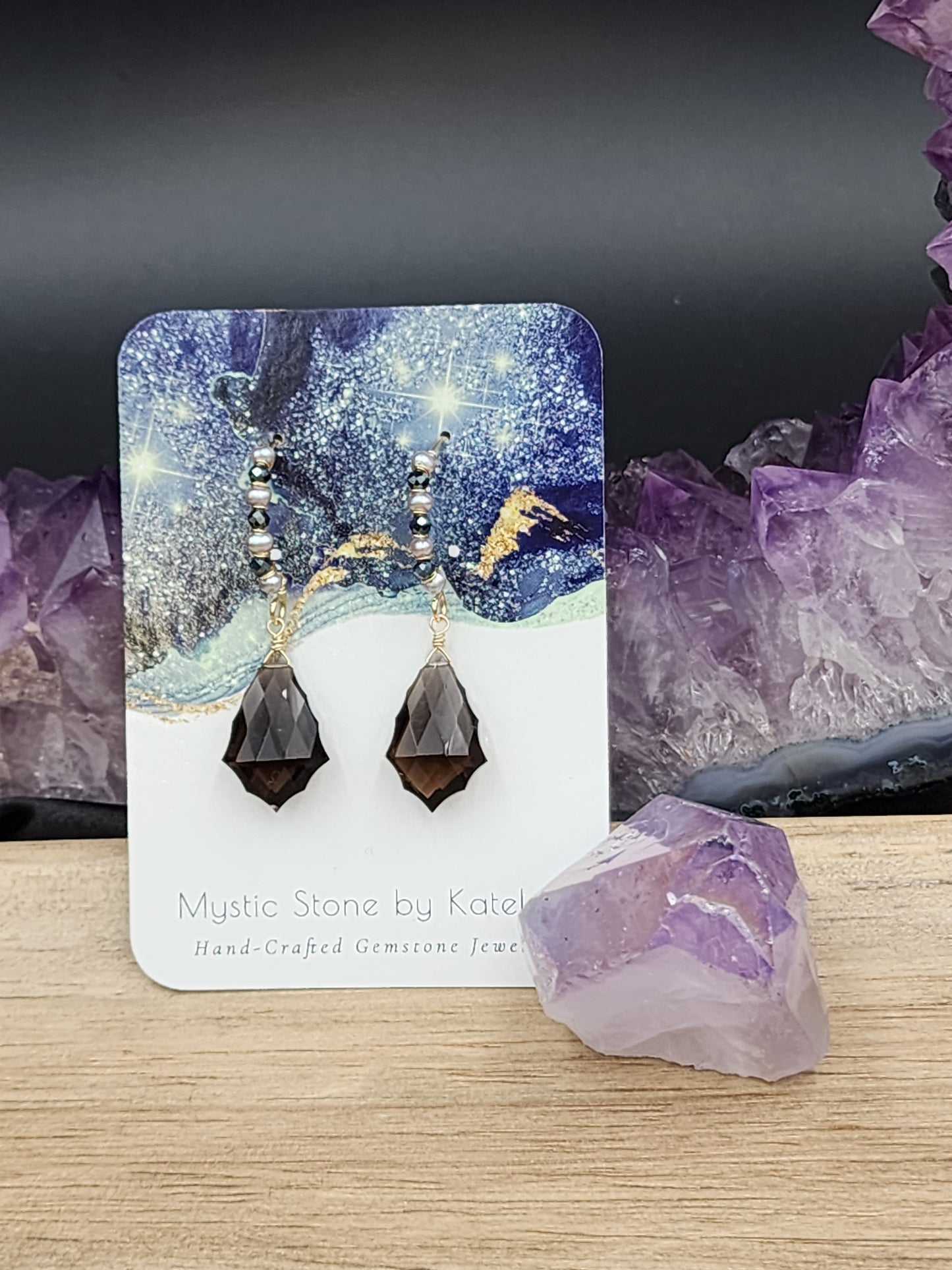 14k Gold -Filled Fancy Cut Smokey Quartz, Silver Freshwater Pearl & Black Spinel Earrings