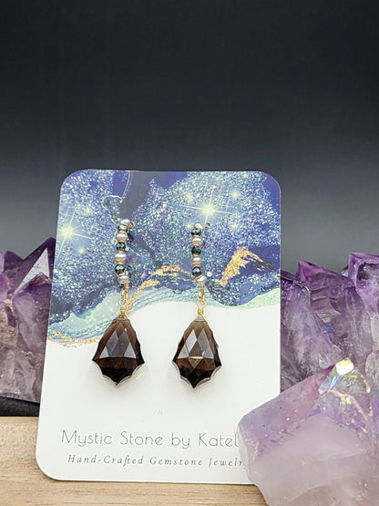 14k Gold -Filled Fancy Cut Smokey Quartz, Silver Freshwater Pearl & Black Spinel Earrings