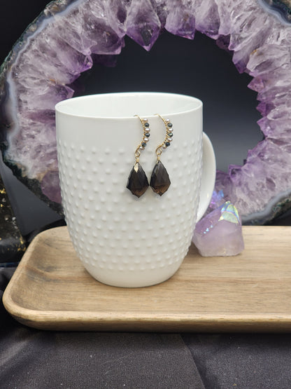 14k Gold -Filled Fancy Cut Smokey Quartz, Silver Freshwater Pearl & Black Spinel Earrings