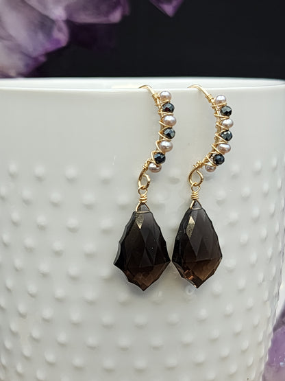 14k Gold -Filled Fancy Cut Smokey Quartz, Silver Freshwater Pearl & Black Spinel Earrings