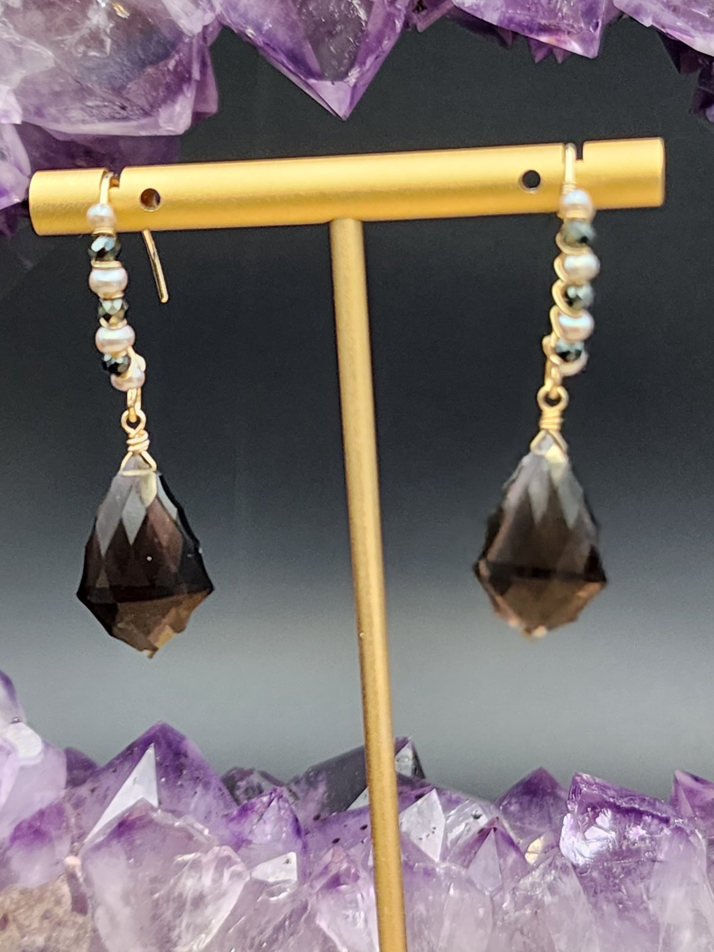 14k Gold -Filled Fancy Cut Smokey Quartz, Silver Freshwater Pearl & Black Spinel Earrings