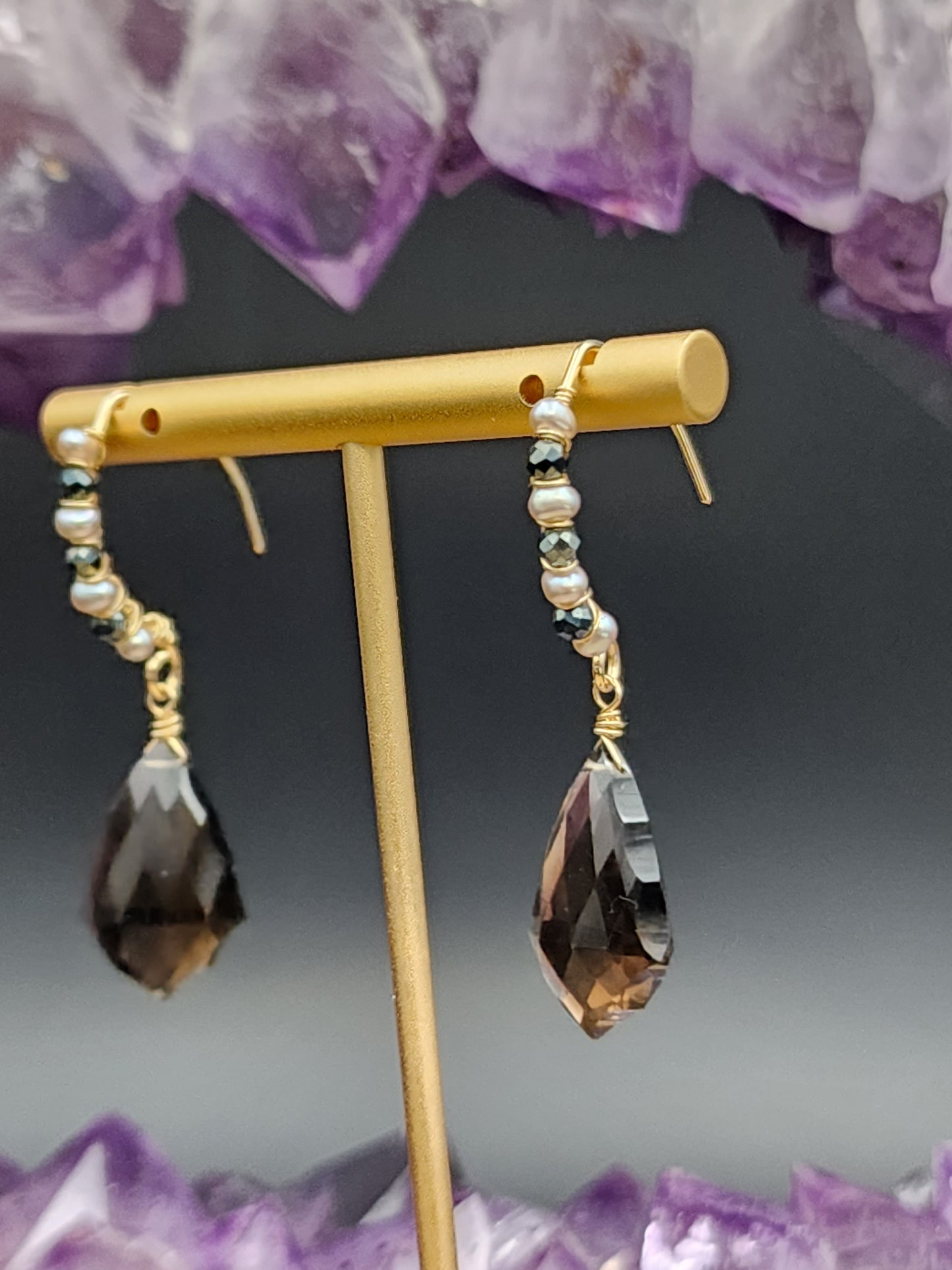 14k Gold -Filled Fancy Cut Smokey Quartz, Silver Freshwater Pearl & Black Spinel Earrings