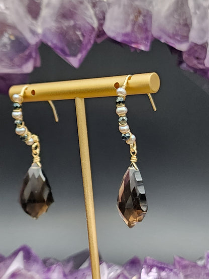 14k Gold -Filled Fancy Cut Smokey Quartz, Silver Freshwater Pearl & Black Spinel Earrings