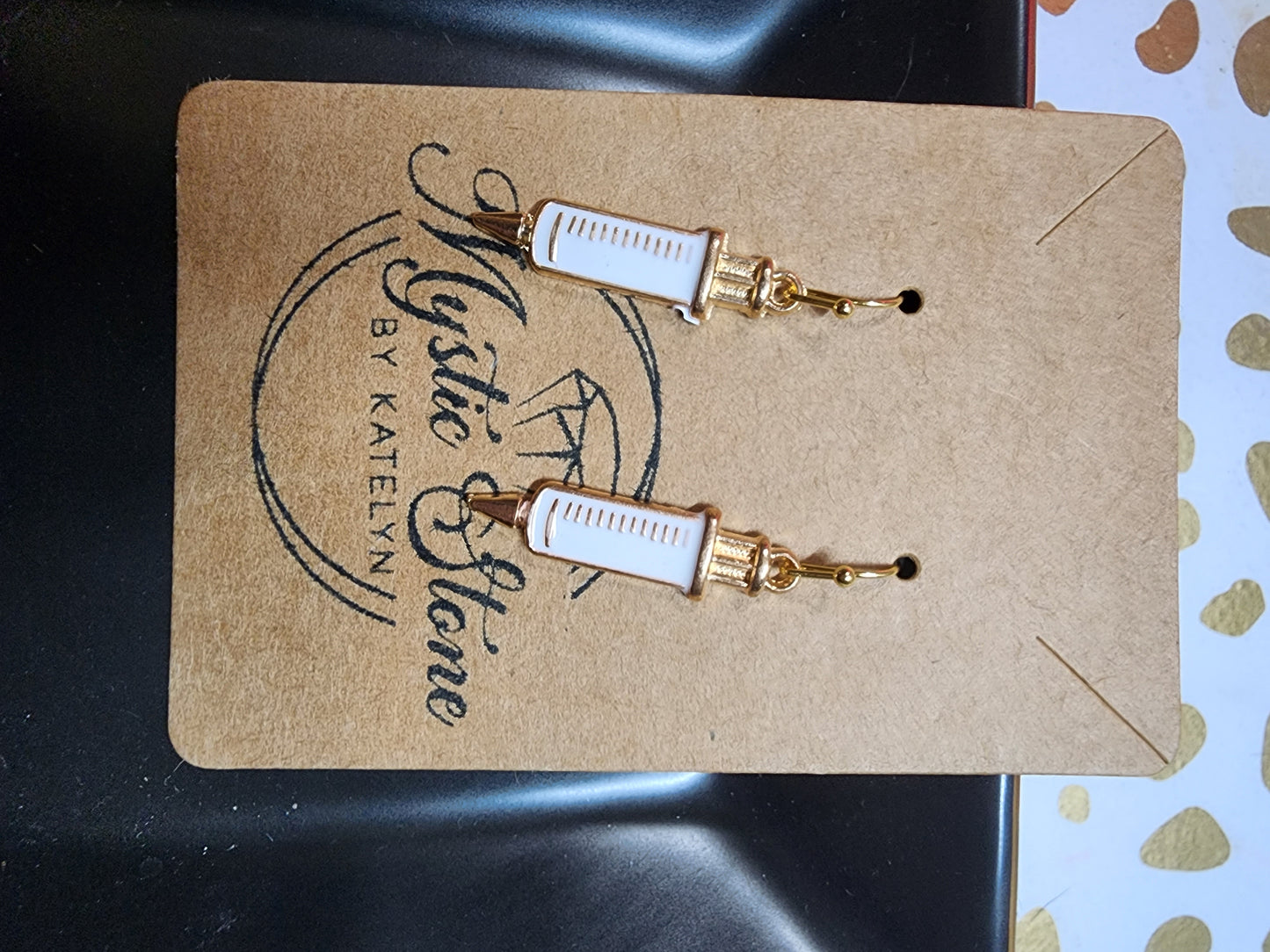 Gold plated Syringe charm style earrings