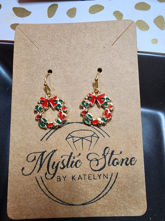 Gold plated holiday wreath charm style earrings | fun Christmas earrings, gold plated, enamel, hypoallergenic, nickel free, cute earrings