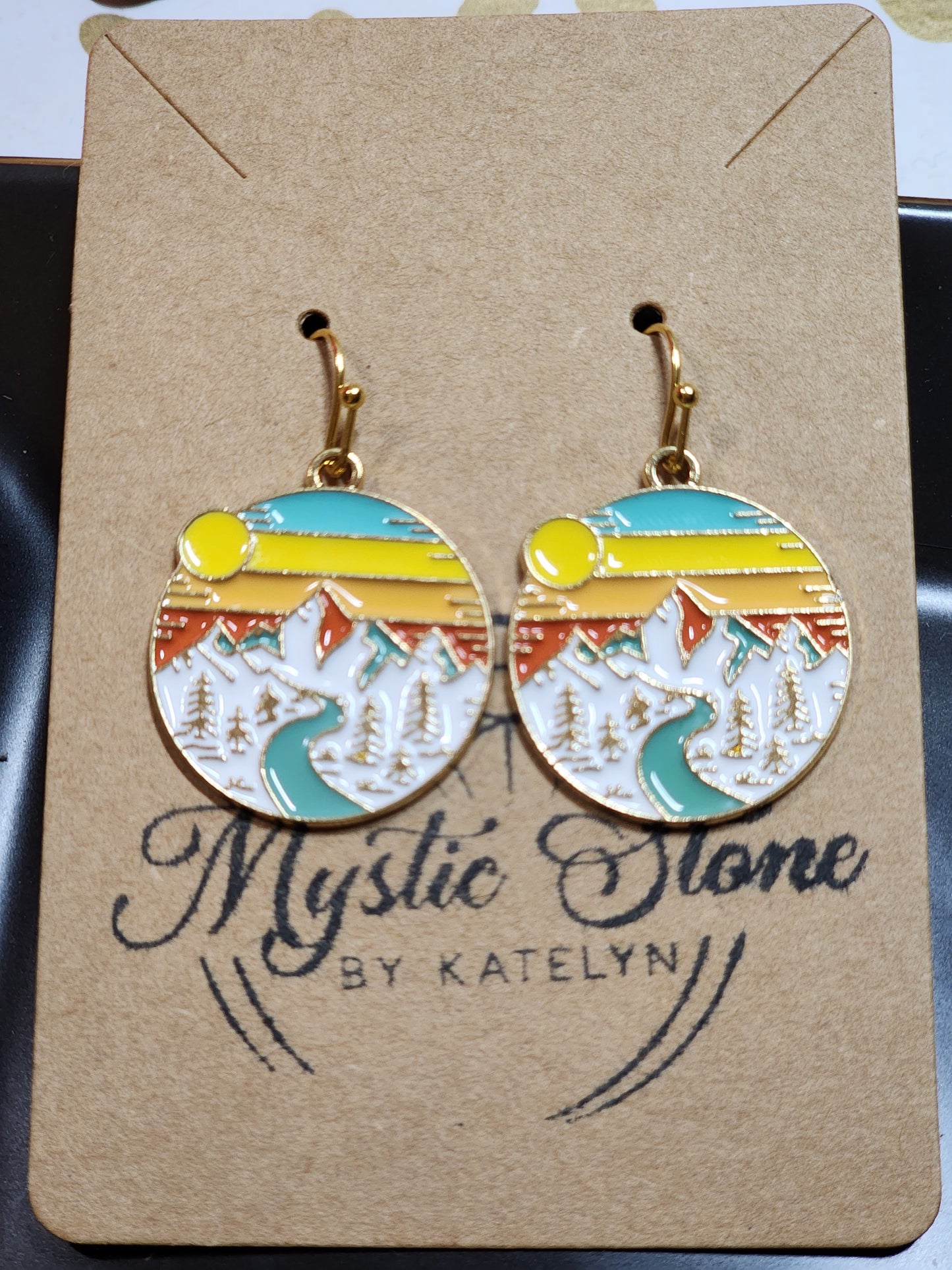 Gold plated mountain sunset charm style earrings | fun earrings, gold plated, enamel, hypoallergenic, nickel free, cute earrings