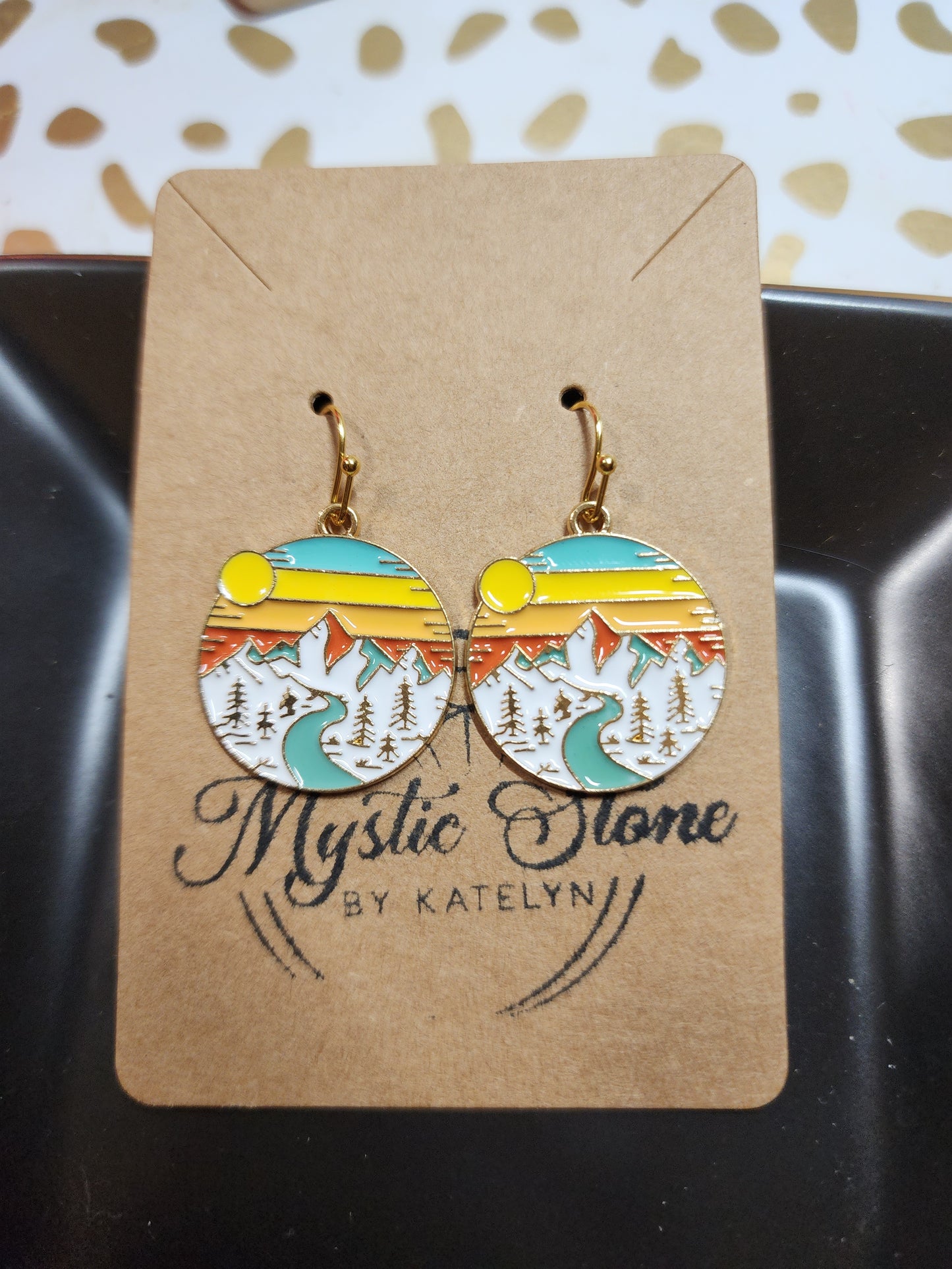 Gold plated mountain sunset charm style earrings | fun earrings, gold plated, enamel, hypoallergenic, nickel free, cute earrings