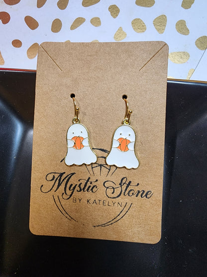 Gold or Silver Plated Ghosts holding pumpkins charm style earrings, hypoallergenic, nickel free,  enamel Halloween earrings