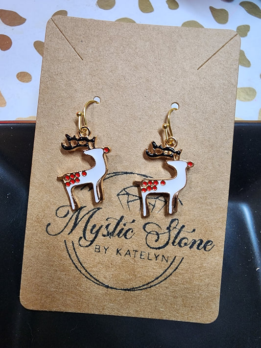 Gold plated white red nose reindeer charm style earrings | fun holiday earrings,  enamel, hypoallergenic, nickel free