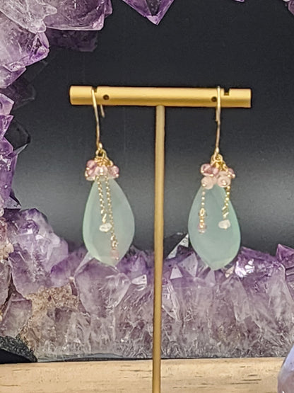 14k Gold Filled Peruvian Chalcedony, Pink Topaz & Morganite Gemstone Earrings