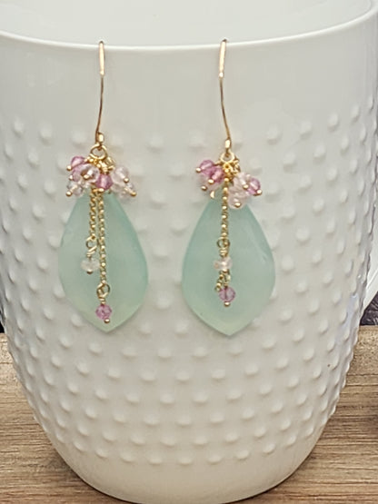 14k Gold Filled Peruvian Chalcedony, Pink Topaz & Morganite Gemstone Earrings