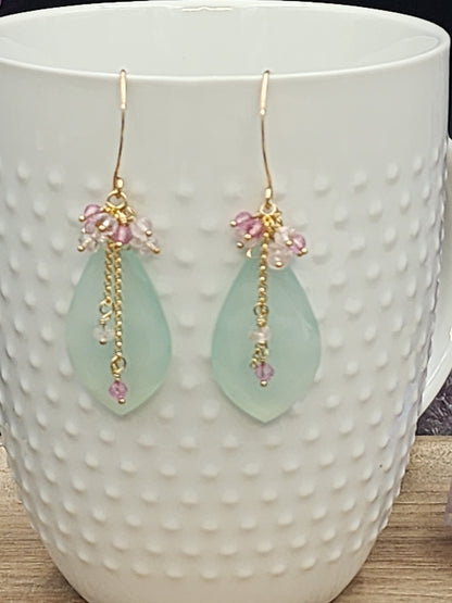 14k Gold Filled Peruvian Chalcedony, Pink Topaz & Morganite Gemstone Earrings