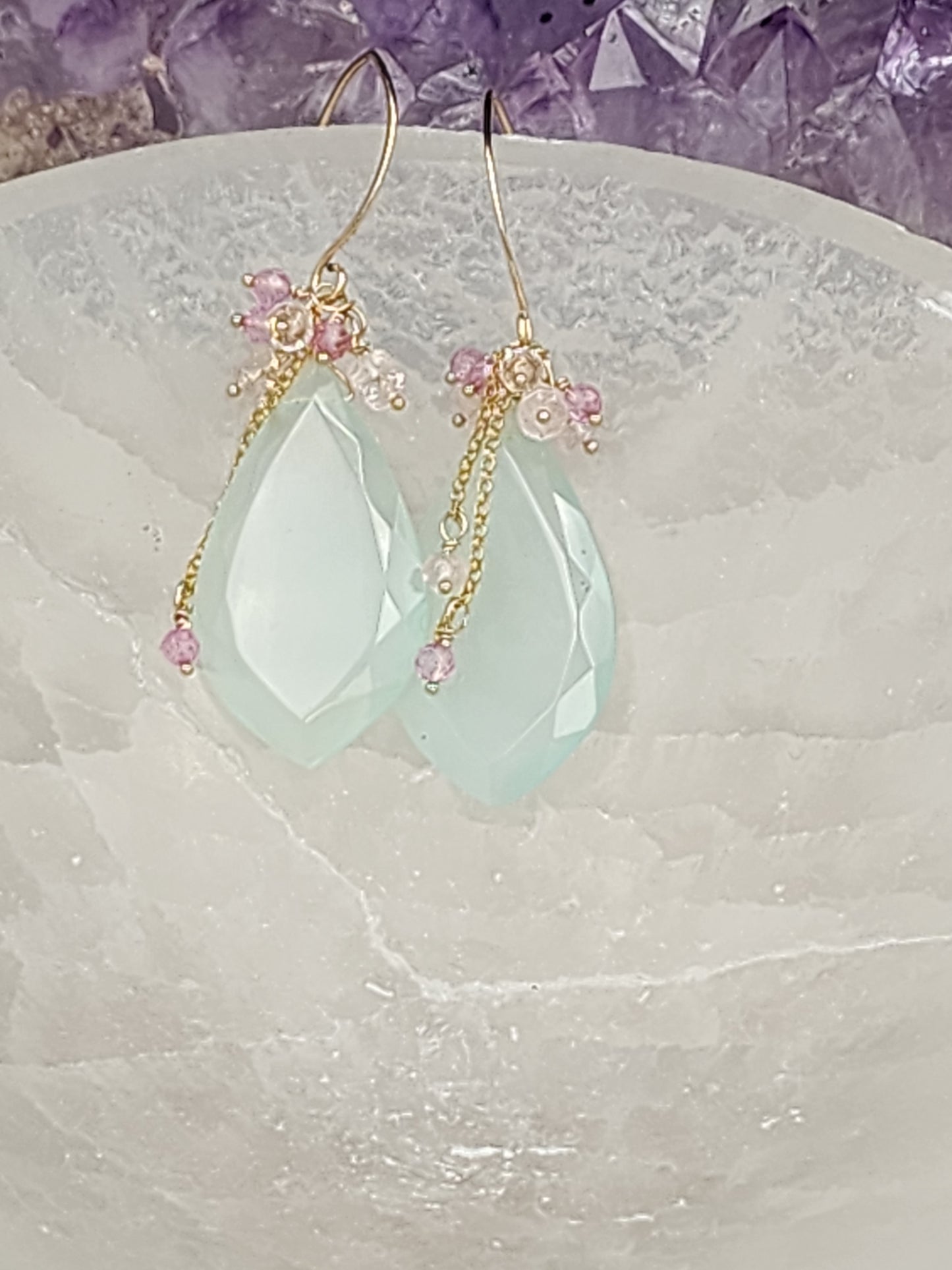 14k Gold Filled Peruvian Chalcedony, Pink Topaz & Morganite Gemstone Earrings