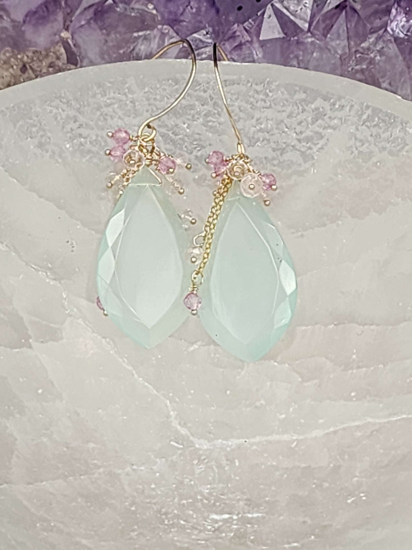 14k Gold Filled Peruvian Chalcedony, Pink Topaz & Morganite Gemstone Earrings