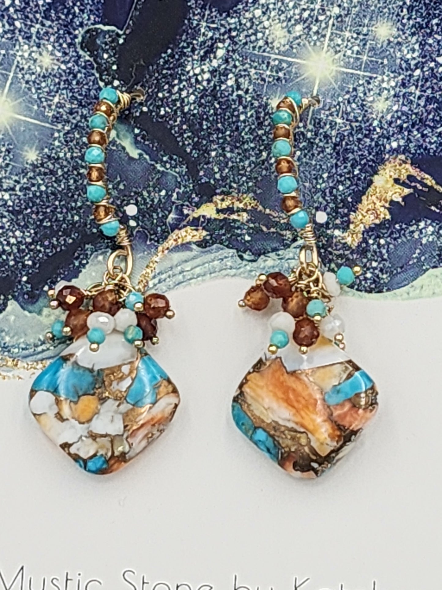 14k Gold-Filled Copper Spiney Oyster Turquoise, Hessonite Garnet, silverite & Sleeping Beauty Turquoise Gemstone Earrings