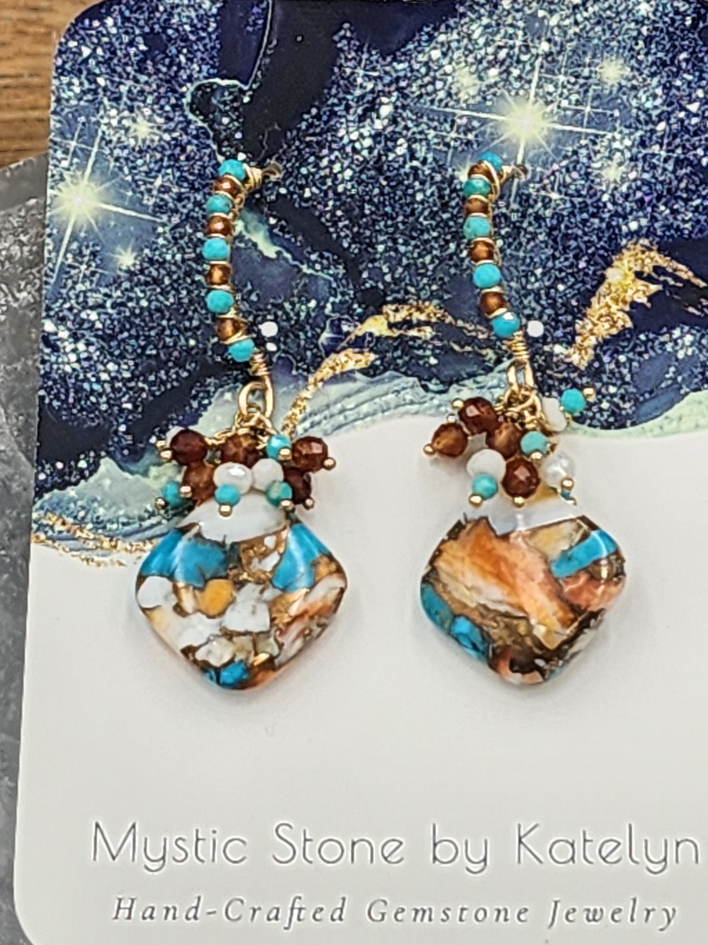 14k Gold-Filled Copper Spiney Oyster Turquoise, Hessonite Garnet, silverite & Sleeping Beauty Turquoise Gemstone Earrings