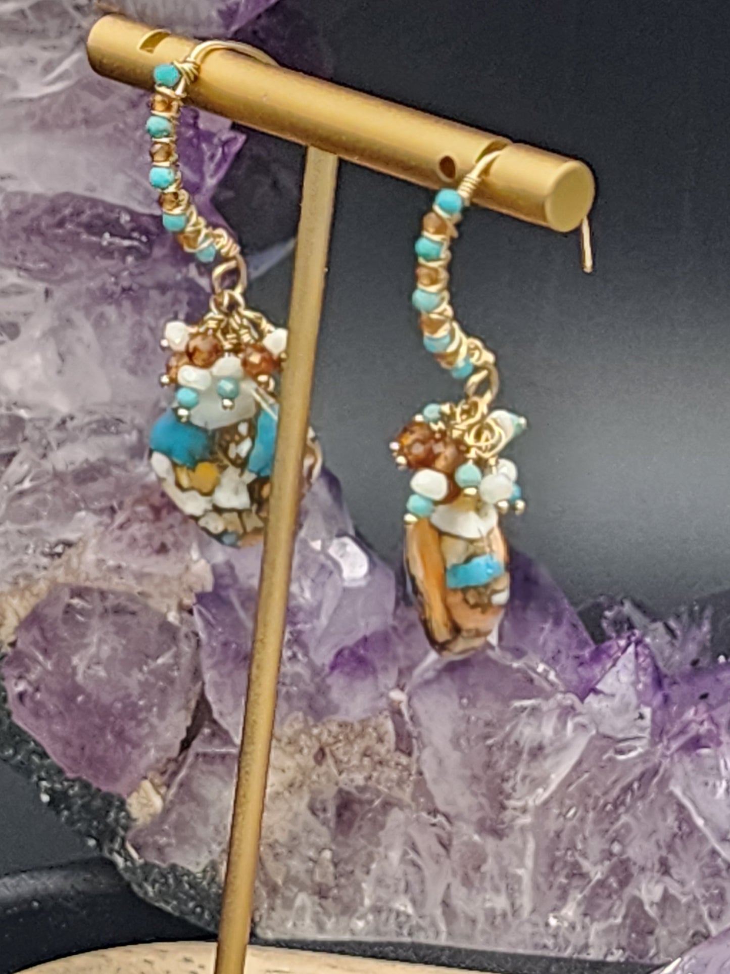 14k Gold-Filled Copper Spiney Oyster Turquoise, Hessonite Garnet, silverite & Sleeping Beauty Turquoise Gemstone Earrings