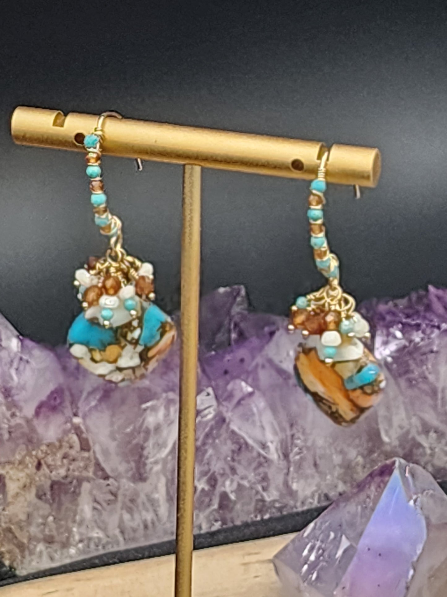 14k Gold-Filled Copper Spiney Oyster Turquoise, Hessonite Garnet, silverite & Sleeping Beauty Turquoise Gemstone Earrings