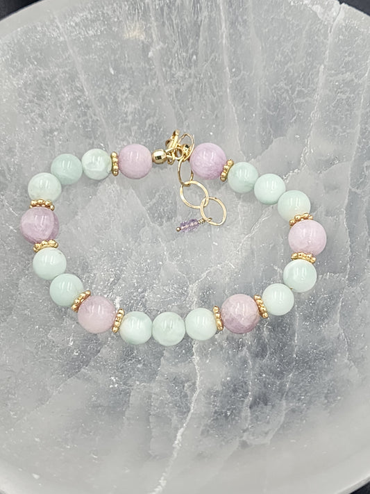 14k Gold-Filled Iridescent Green Moonstone & Kunzite Gemstone Bracelet