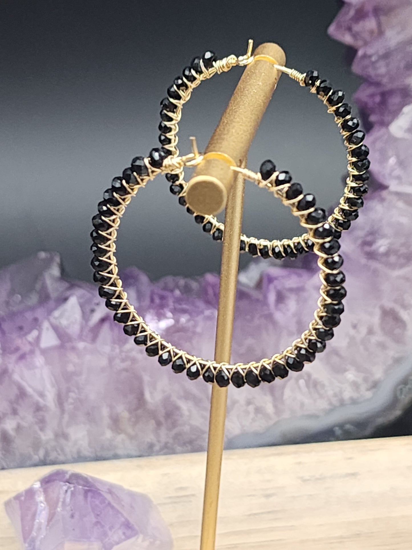 14k Gold-Filled Black Spinel 40mm Gemstone Hoop Earrings