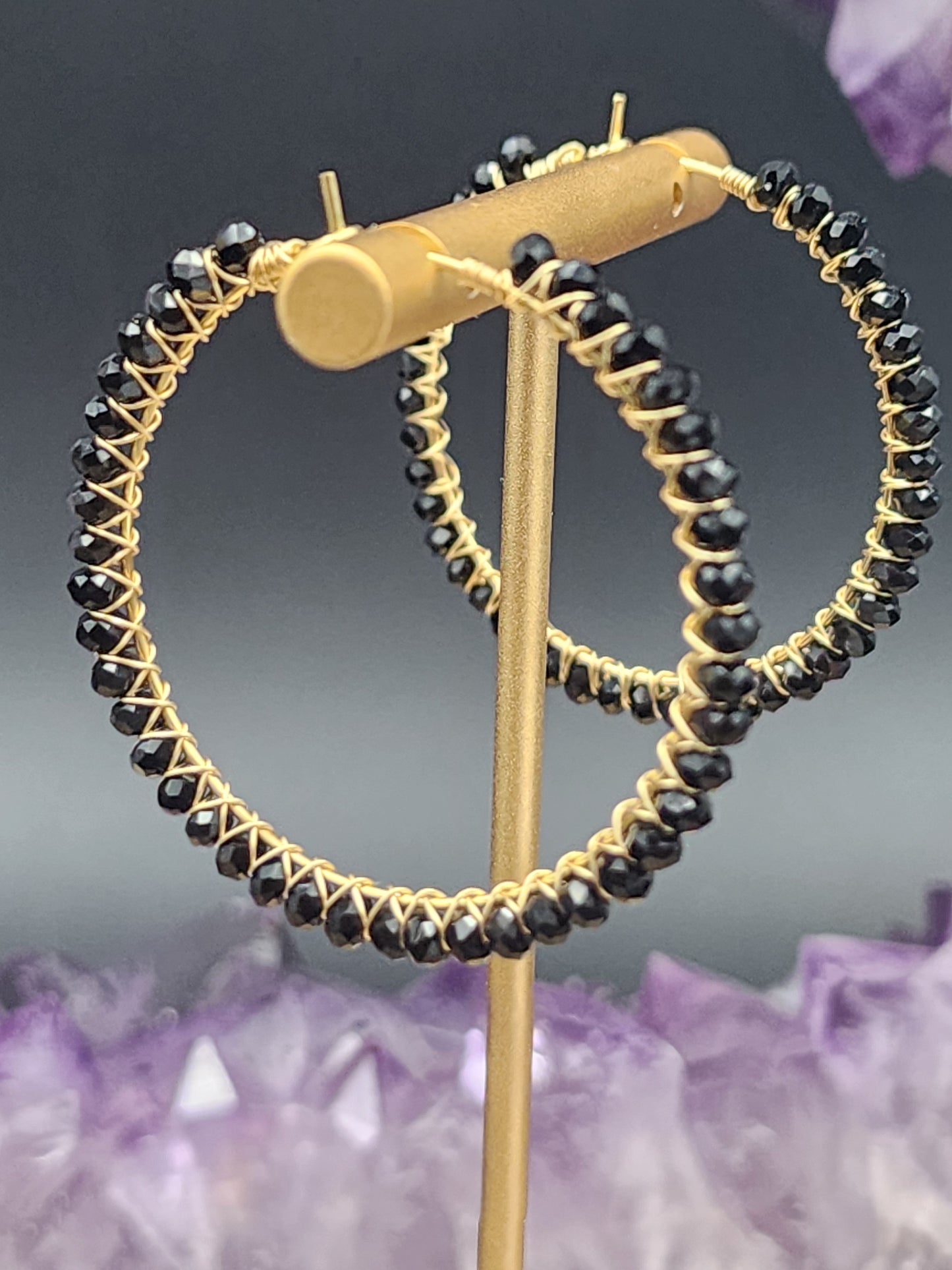 14k Gold-Filled Black Spinel 40mm Gemstone Hoop Earrings