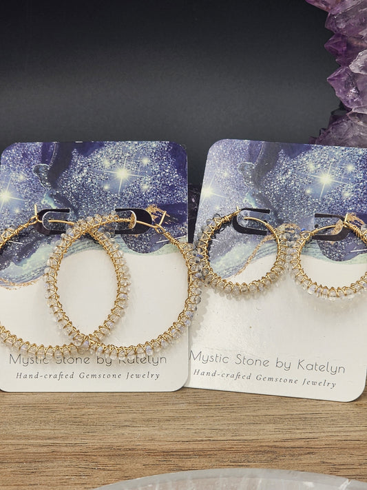 14k Gold-Filled Clear Rainbow Moonstone Gemstone Hoop Earrings, two sizes 30mm or 40mm