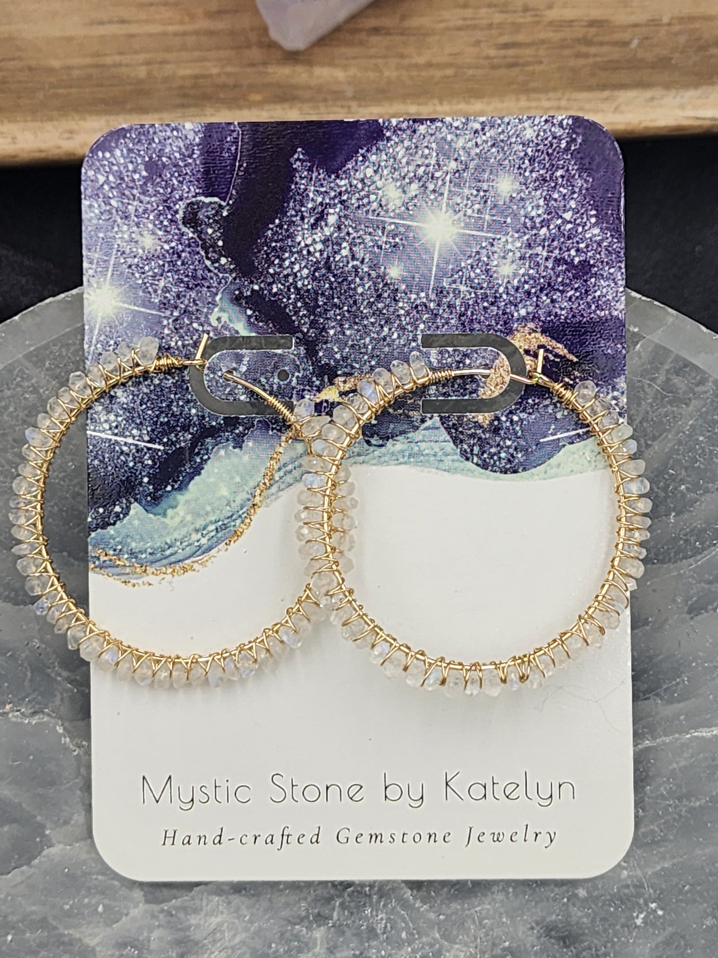 14k Gold-Filled faceted rainbow Moonstone 40mm Gemstone hoops