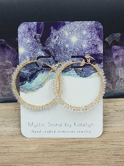 14k Gold-Filled faceted rainbow Moonstone 40mm Gemstone hoops