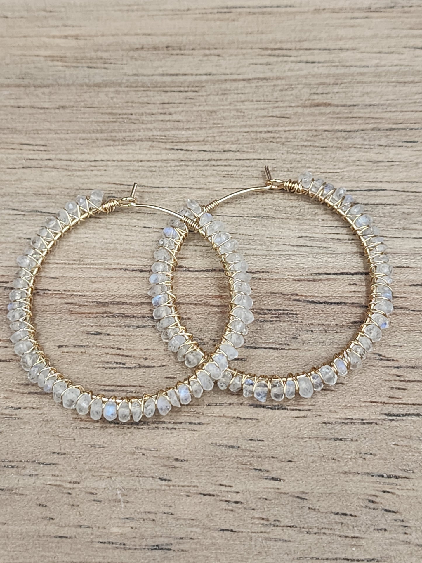 14k Gold-Filled faceted rainbow Moonstone 40mm Gemstone hoops