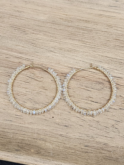 14k Gold-Filled faceted rainbow Moonstone 40mm Gemstone hoops