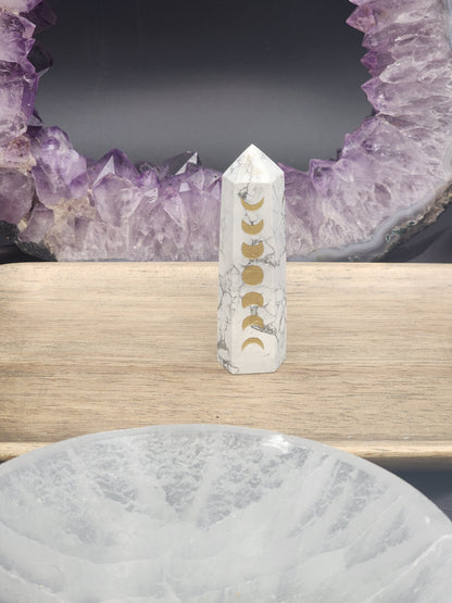 Howlite Tower with gold moon phases crystal